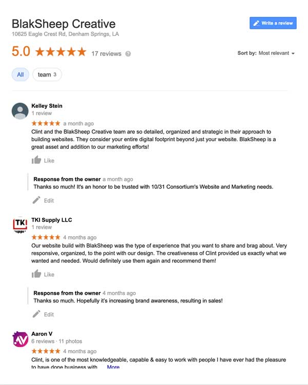 blaksheep creative web design and seo baton rouge company google reviews
