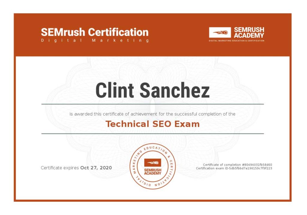 Certificate technical seo exam