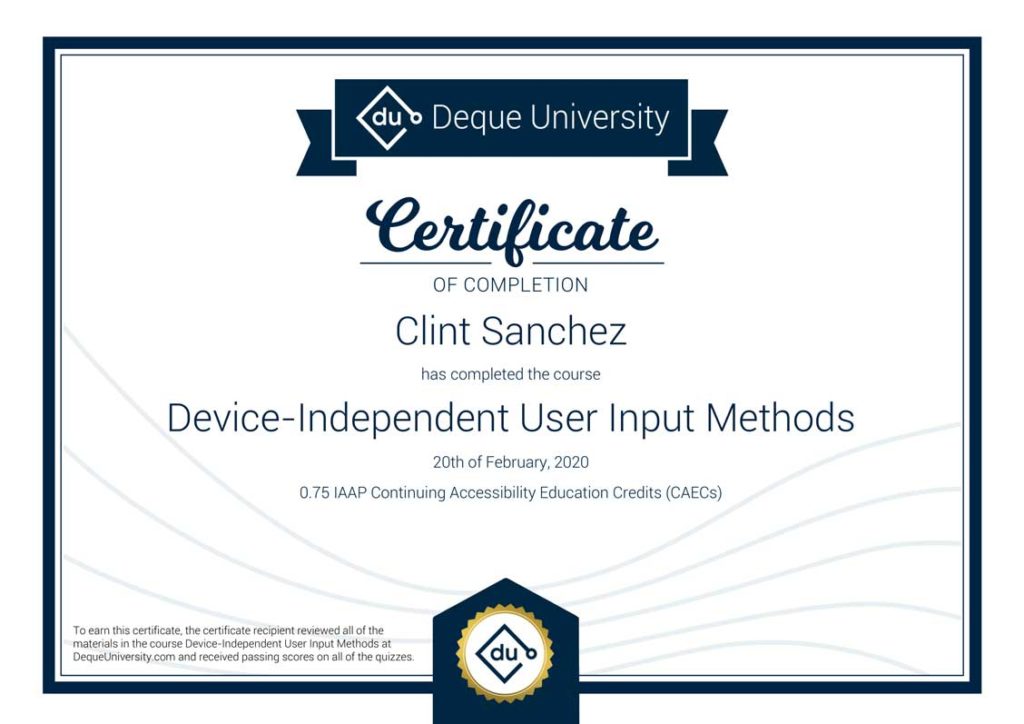 Clint Sanchez Device Independent User Input Methods Course Completion Certificate 1