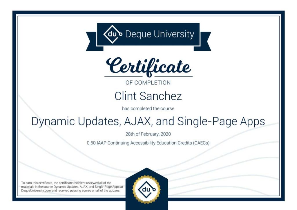 Clint Sanchez Dynamic Updates AJAX and Single Page Apps Course Completion Certificate 1