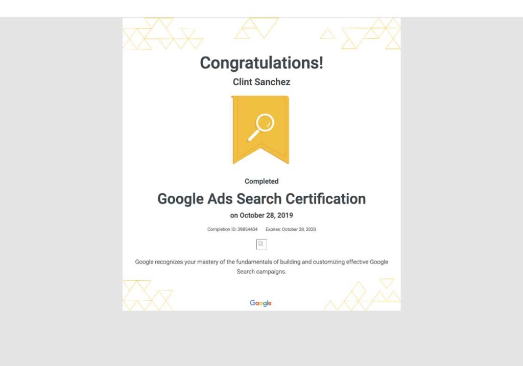 clint sanchez google ads search certification