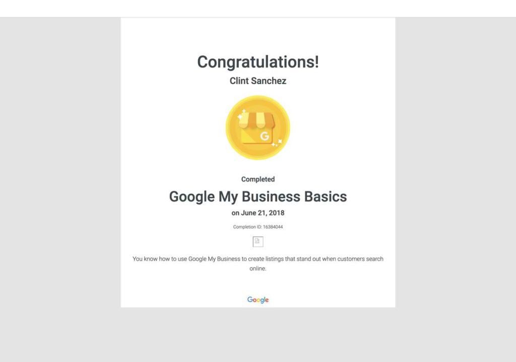 clint sanchez google my business basics course completion certificate
