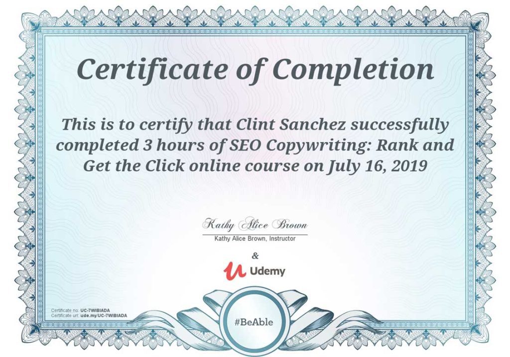 clint sanchez seo copywriting udemy certificate 1