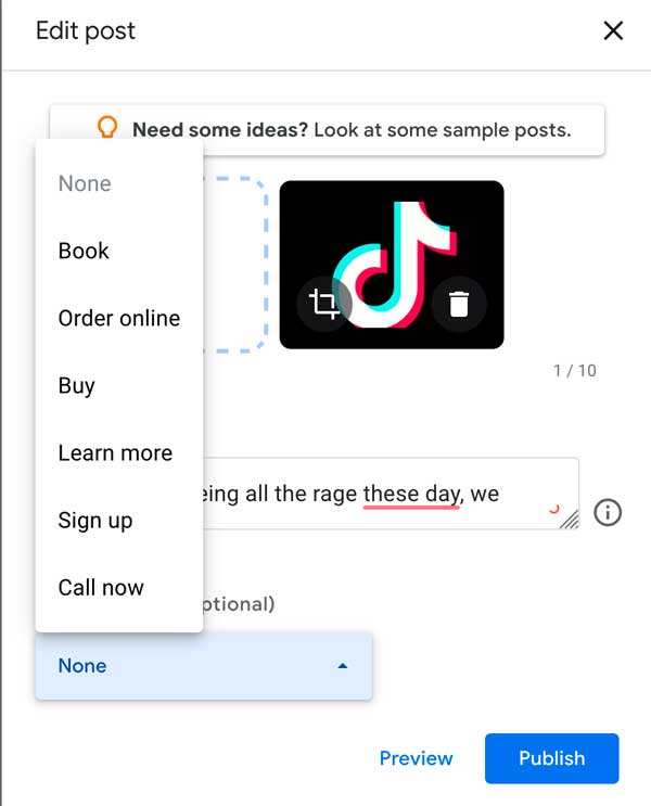 different types of gmb call to actions available