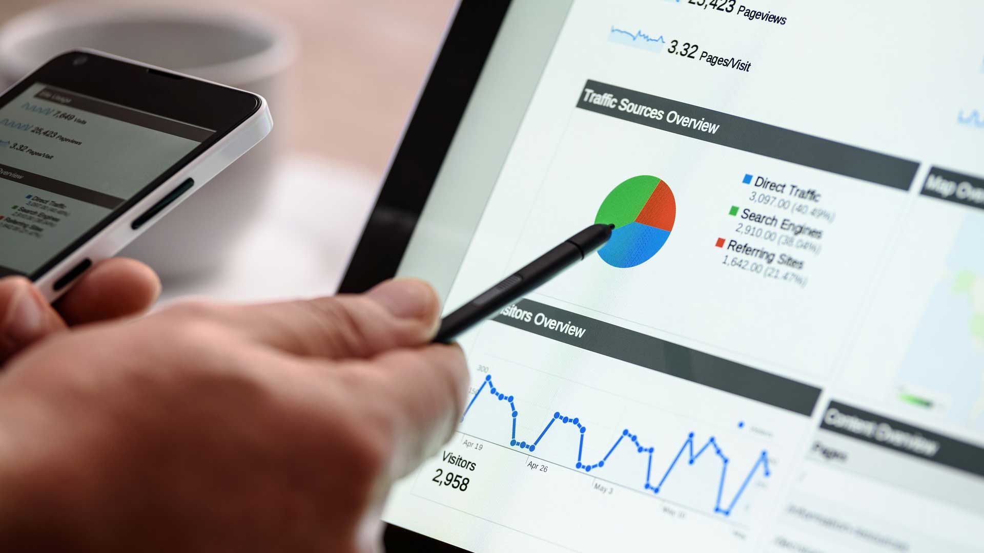 digital marketing concept hand holding phone while looking at marketing graph 1