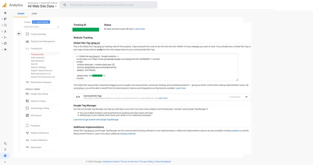 google analytics tracking info view for seo tutorial