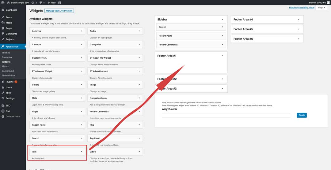 how to add a text widget into the wordpress footer area