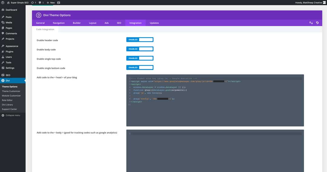 how to put google tracking code into a divi website