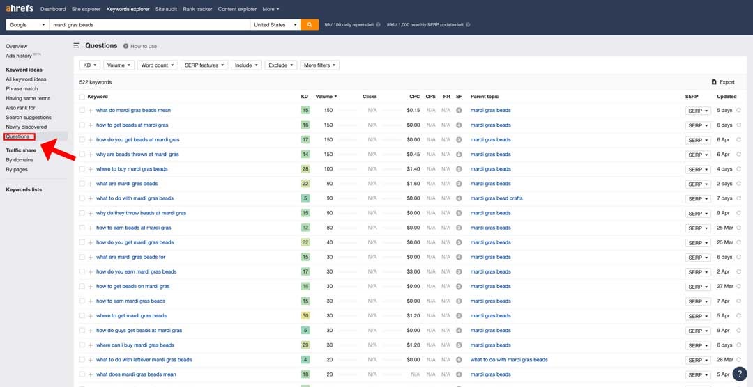 how to use questions report in ahrefs to determing searcher intent mardi gras beads questions for louisiana search engine optimization search intent