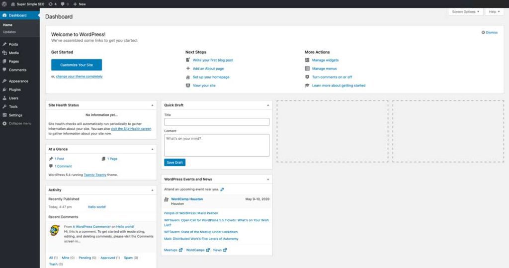 new wordpress dashboard for super simple seo class