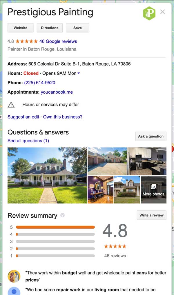 painting company gmb setup reviews