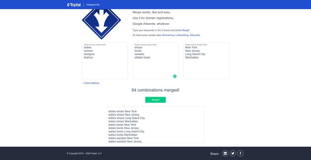 using mergewords to create massive keyword list for SEO