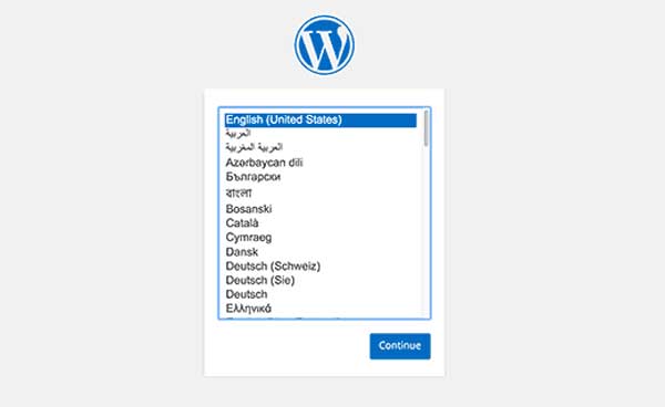 wordpress installation screen select language