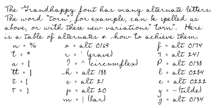 alternate letters designed by thomason for her grandhappy font