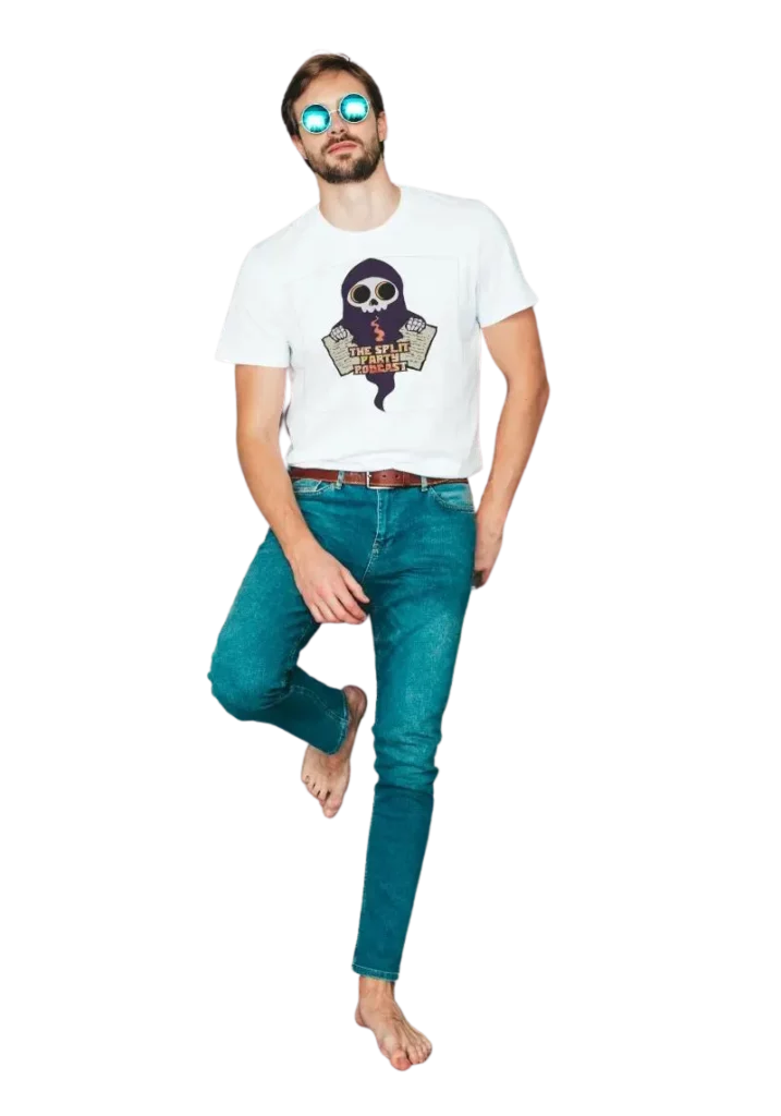 Barefoot man wearing a T shirt leaning against a grey wall split party podcast logo design denham springs