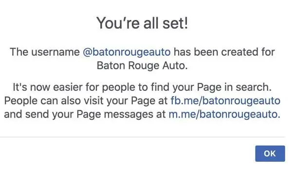 choosing facebook business page username