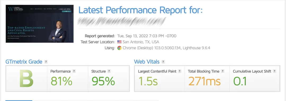 fast lawyer website design score on gtmetriz