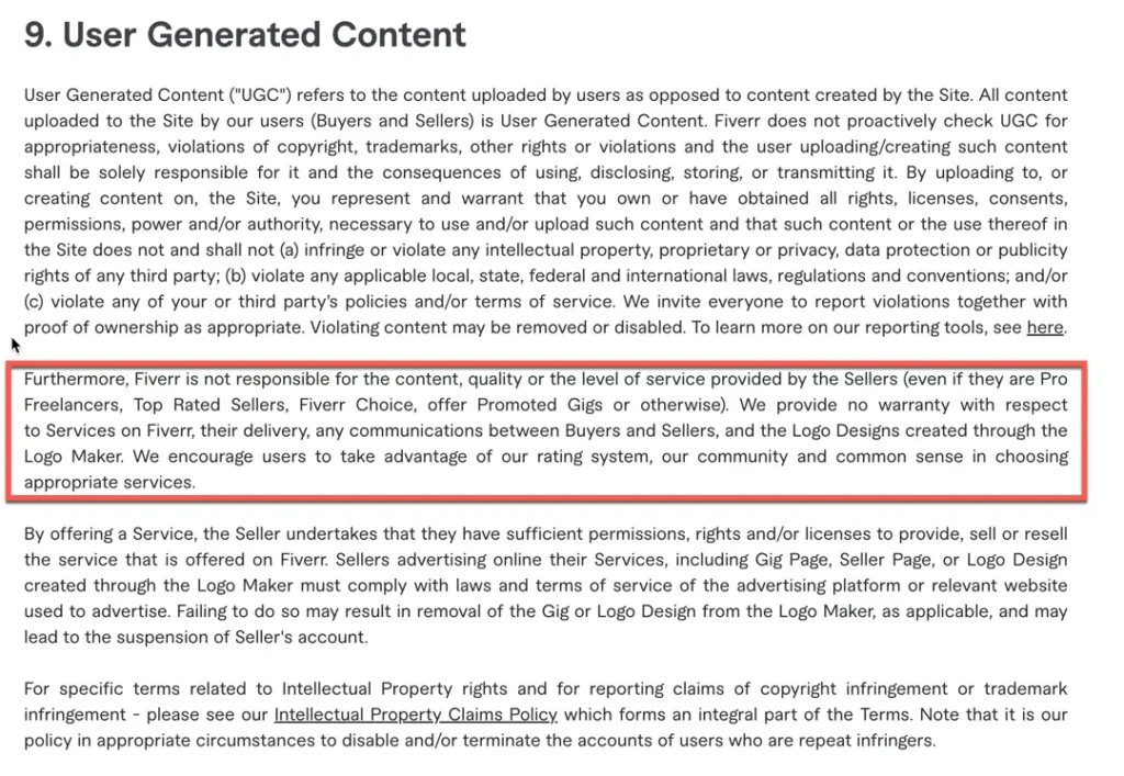 fiver on user generated content no warranty