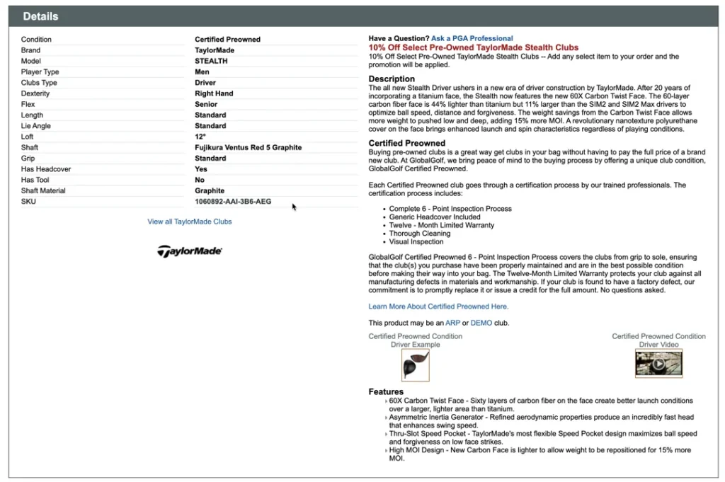 golf club product description for seo