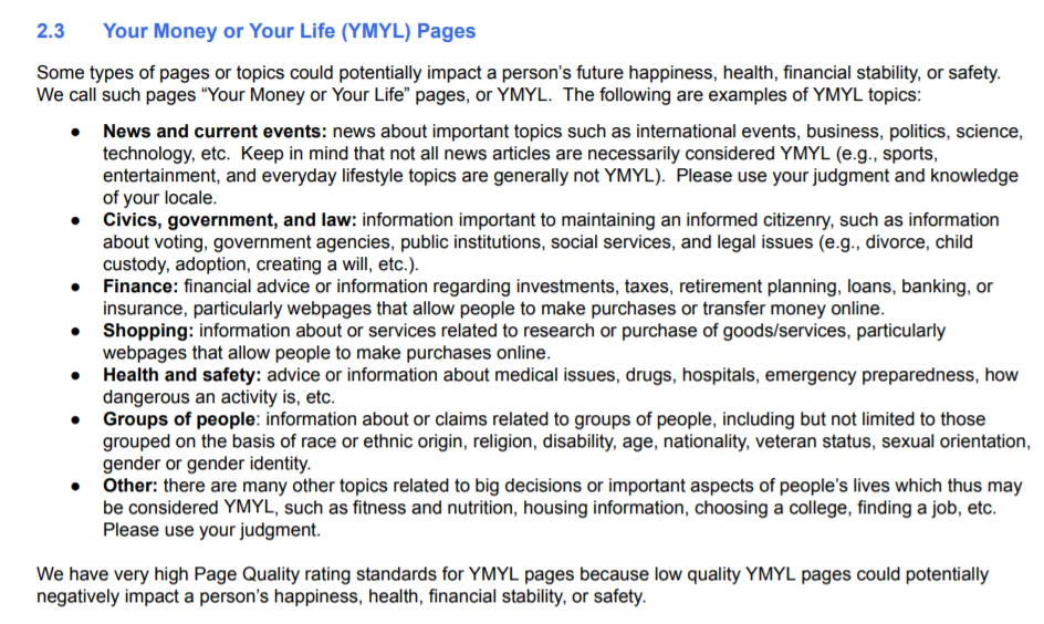 google definition of your money your life pages ymyl