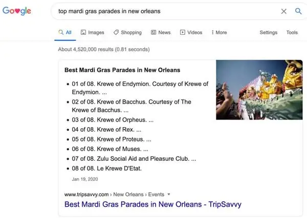 google featured snippet for best mardi grade parades in new orleans
