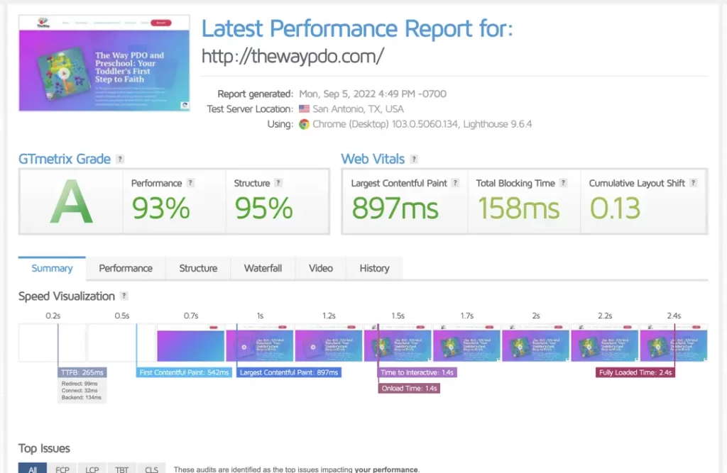 gtmetrix speed score for the way pdo preschool v3 redesign project