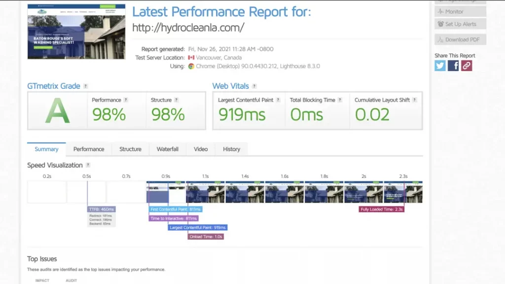hydro clean website redesign speed test gtmetrix