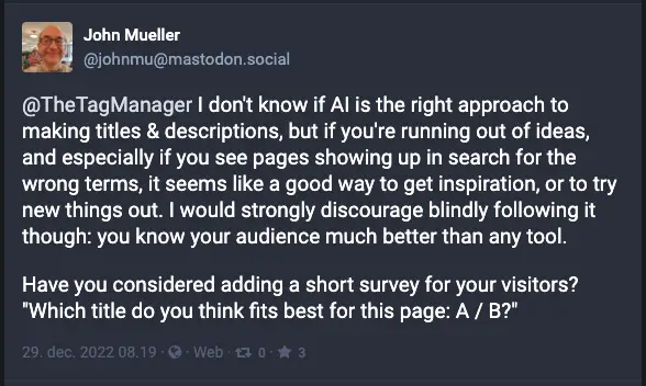 john mueller using ai for meta titles descriptions on mastedon