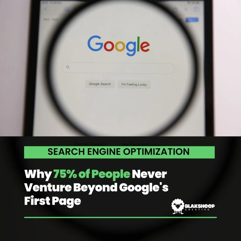 magnified google homepage with seo title about 75 percent of users and blaksheep logo