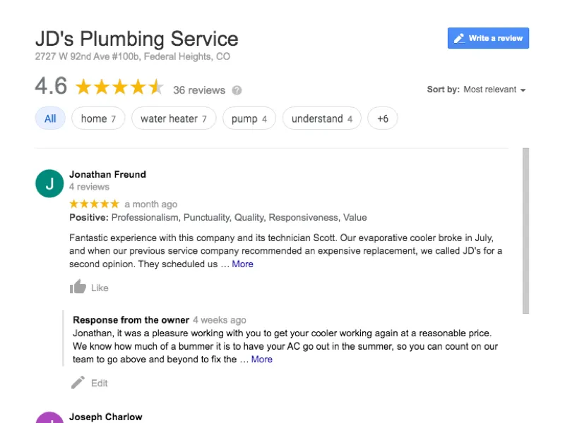 plumbing company reviews