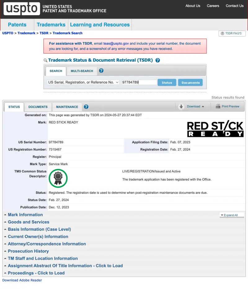 red stick ready logo trademark from uspto