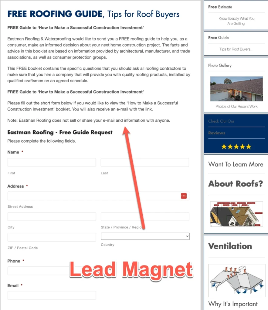 roofing guide lead magnet for roofing contractor website