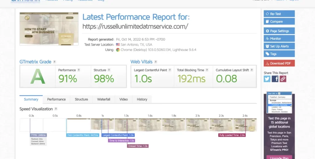 russell unlimited website project speet test on gtmetrix