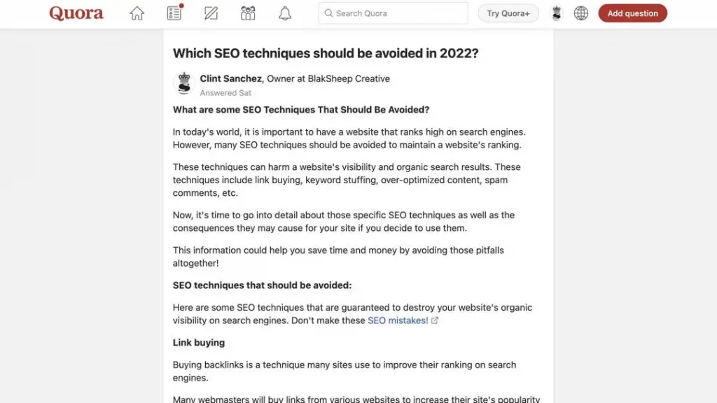 seo techniques that should be avoided in quora