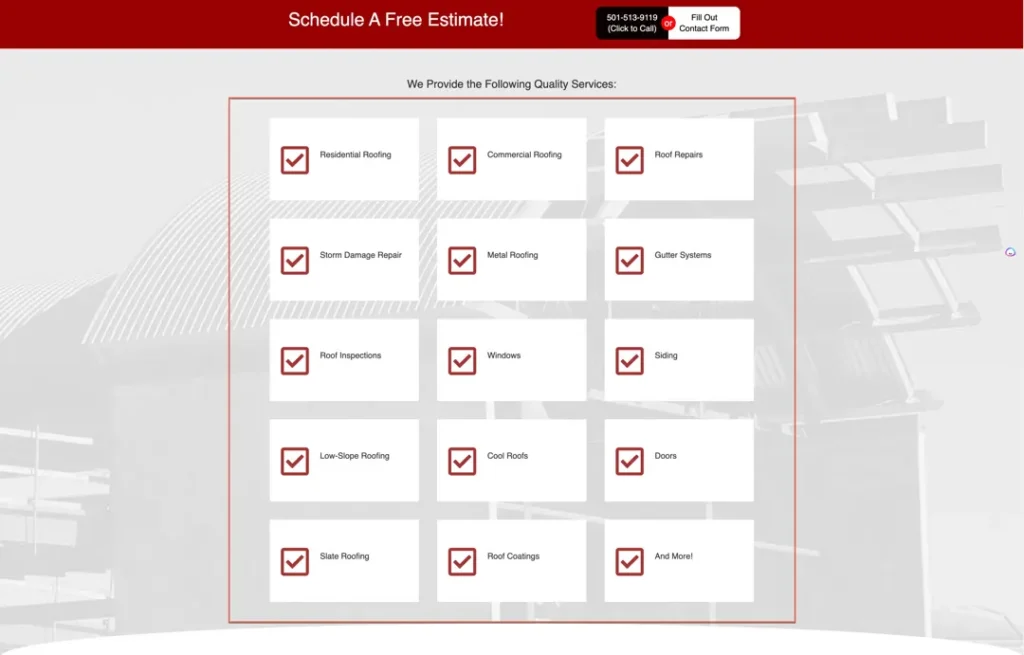 services listed on roofing contractor website