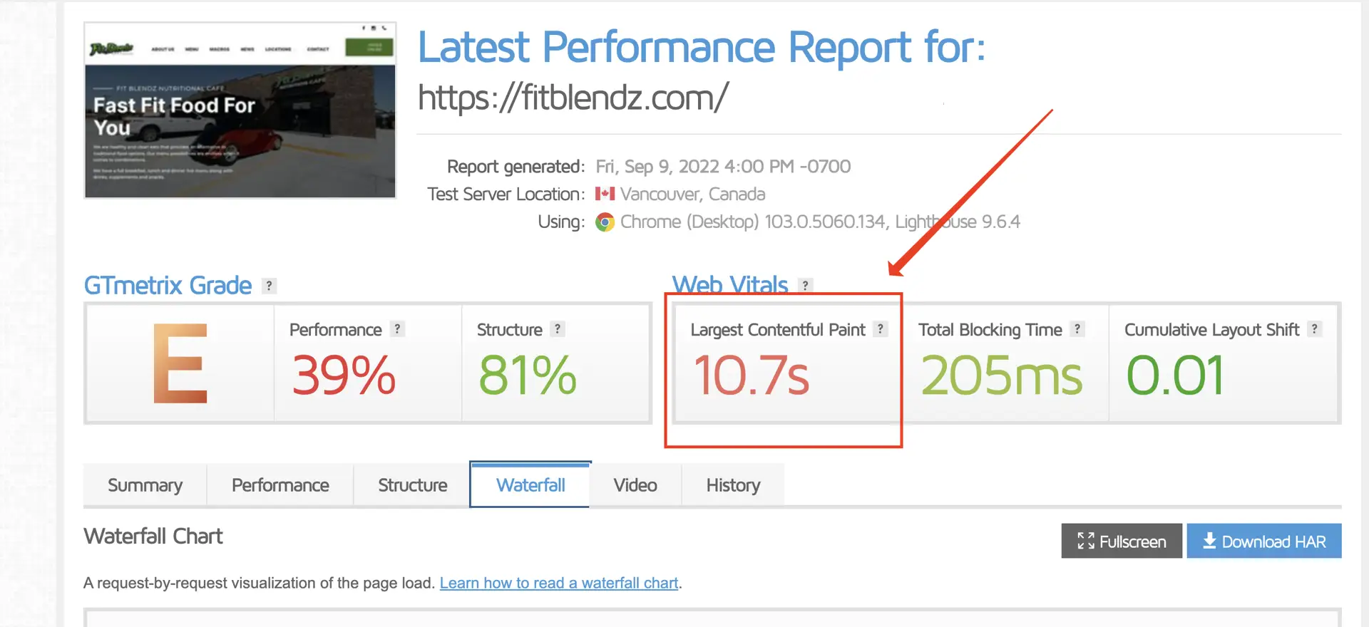 slow loading times on tierra for fitblendz website design per gtmetrix