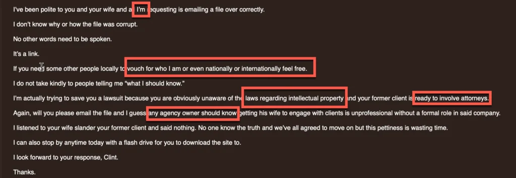 threatening email screenshot from new agency owner