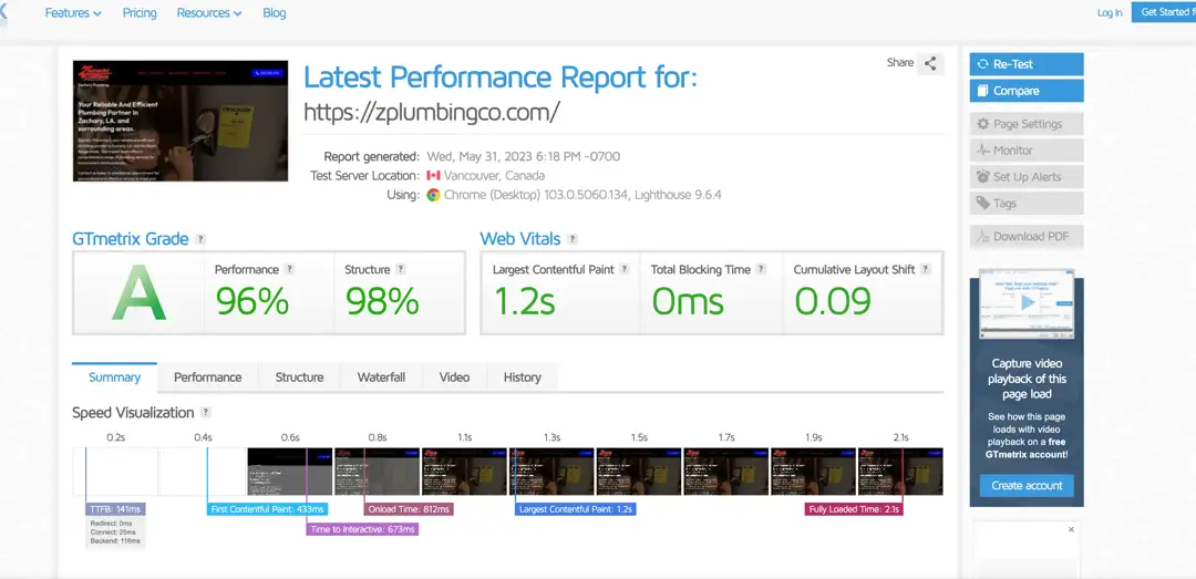 zachary plumbing website speed test with bricks builder